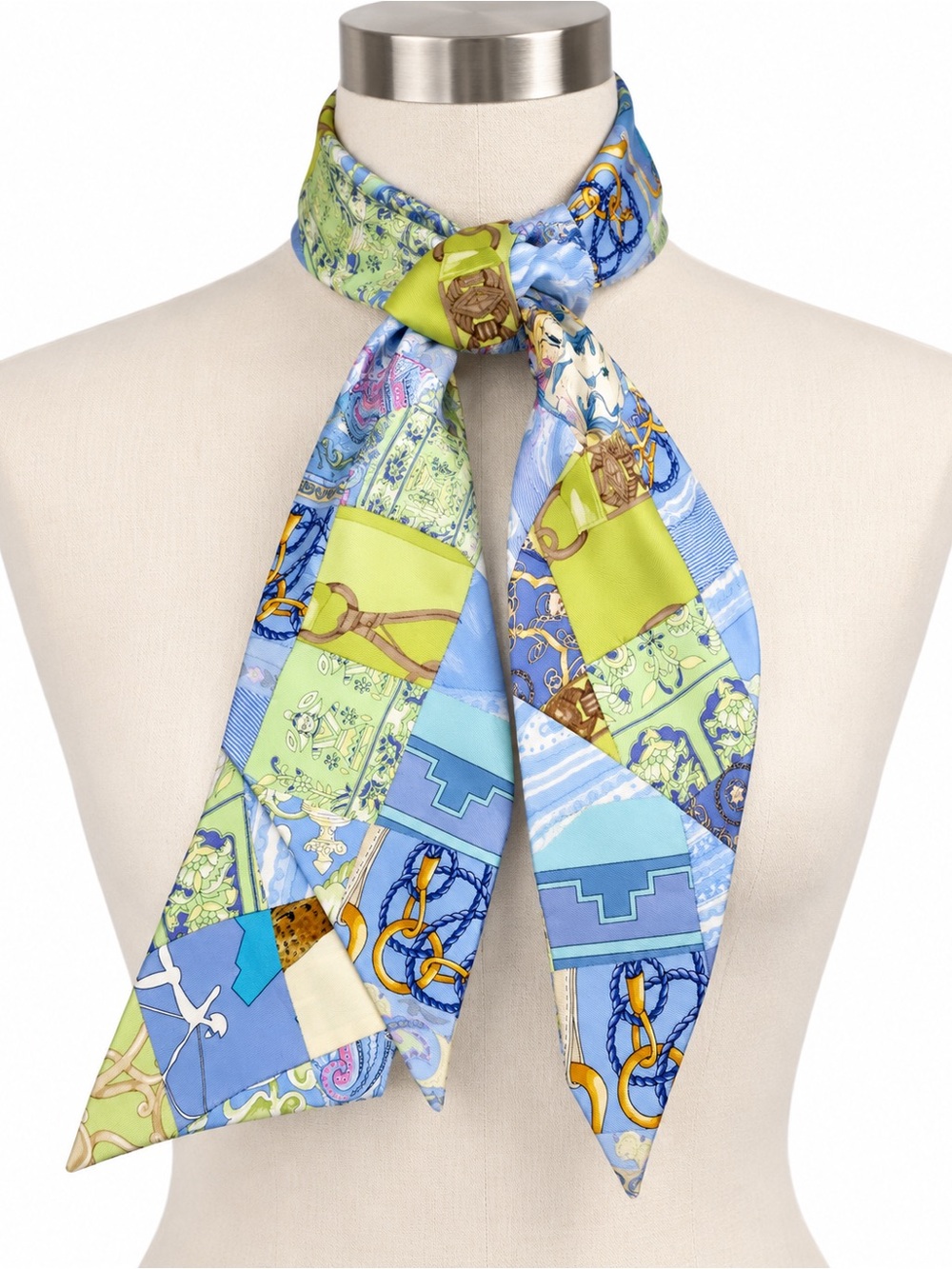 J. McLaughlin Twilly Silk Scarf Patchwork Equestrian Print Blue Green 65”